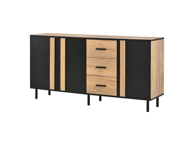  Buffet moderne 140 × 35 × 70 cm, 3 portes et 3 tiroirs, meuble en mdf noir et effet bois sur 6 pieds métalliques  - Conforama A