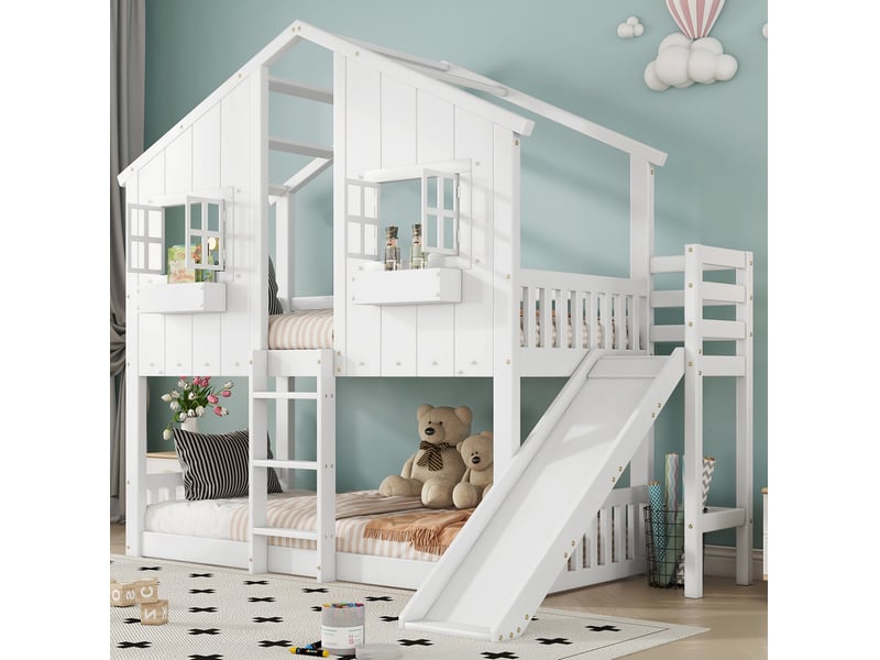 Lit superposé enfant 90x200 cm avec toboggan, toit, fenêtres, blanc et naturel - Conforama B