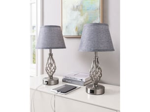 Lampe de chevet lot de 2 grise lin usb a c commande tactile 3 niveaux base metal argent 46 cm