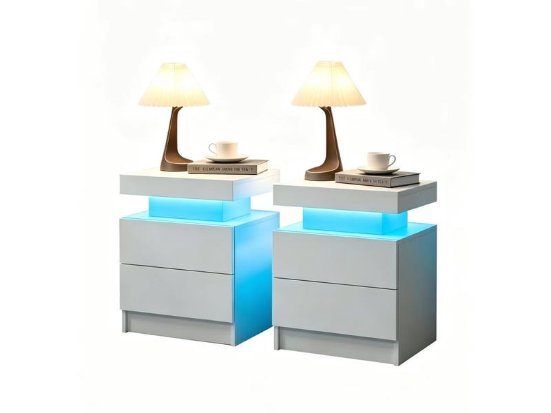  Lot de 2 tables de chevet led blanches, 2 tiroirs, design moderne  - Conforama A