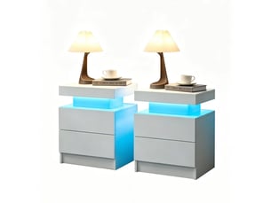Lot de 2 tables de chevet led blanches, 2 tiroirs, design moderne
