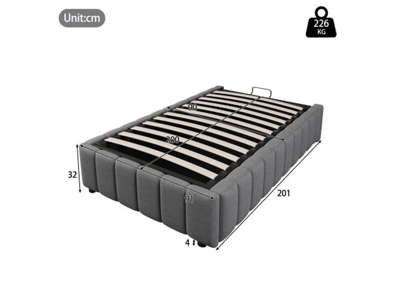 Lit coffre 90x200 cm, lit simple, sans tête de lit, en lin et en mdf, gris, sans matelas - Conforama C