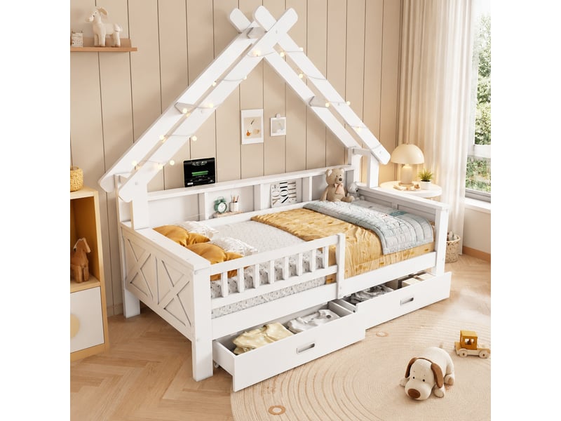  Lit cabane enfant 90x200 cm avec led, rangements et barrière de protection, blanc  - Conforama C