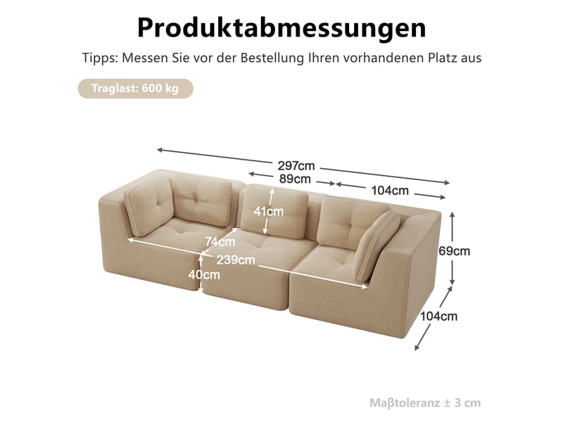  Canapé droit modulable 3 places velours côtelé beige – 297 x 104 x 69 cm Fay Lum - Conforama C