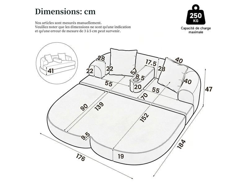 Canapé 2 places velours côtelé gris foncé, canapé de sol pliable avec porte-gobelet, 184x176x47cm - Conforama E