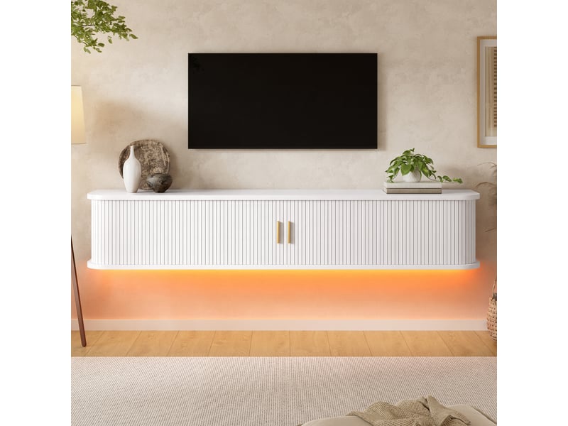  Meuble tv suspendu 175x30x30cm avec façade rainurée verticale et éclairage led inférieur pilotable par application, mdf, blanc evarich - Conforama B