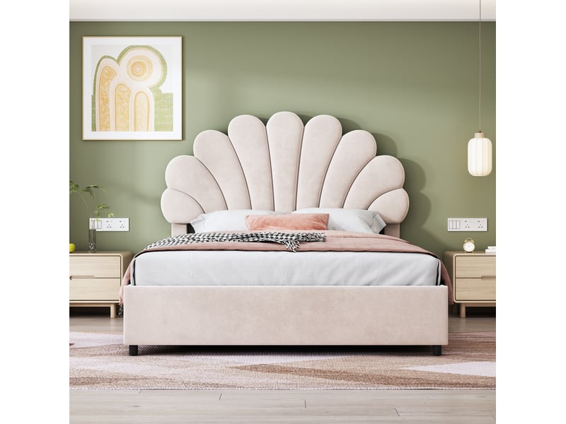 Lit enfant 140x200cm, lit 2 places, lit coffre, sommier et tête de lit intégrée, velours beige, sans matelas - Conforama D