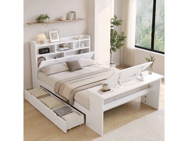 Lit enfant 140x200 cm avec tiroir, rangements et table rabattable blanc - Conforama B