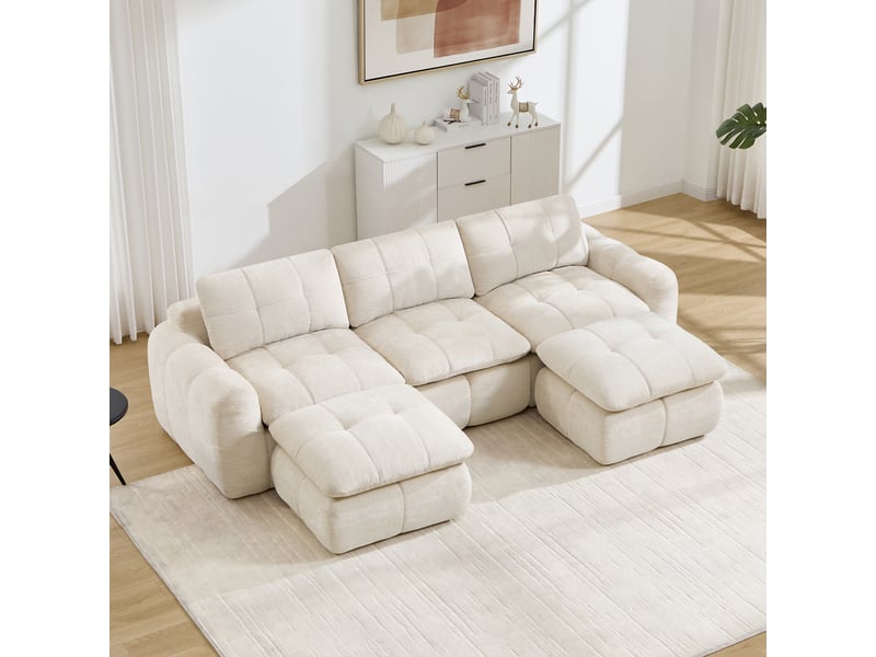  Canapé d'angle en u 3 places sans cadre, canapé modulaire, housse chenille douce, mousse 32d, sans montage, 2 poufs, beige  - Conforama B