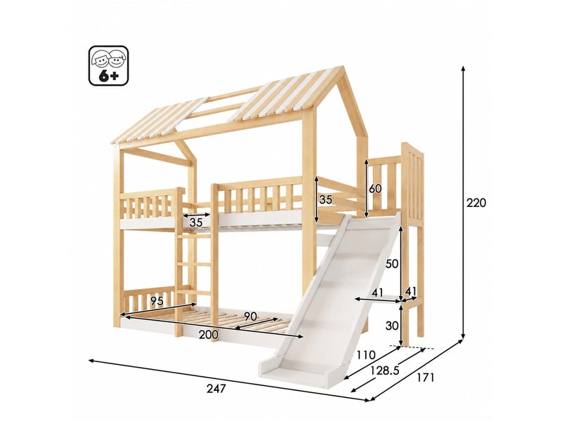 Lit superposé enfant 90 x 200 cm avec toboggan et étagère, pin + mdf, blanc et naturel - Conforama C