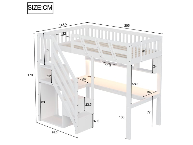  Lit mezzanine 90x200 cm avec bureau, escalier de rangement et led blanc  - Conforama C