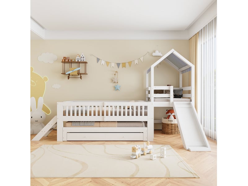  Lit enfant cabane 90x200 cm avec lit gigogne, toboggan, tiroirs, blanc  - Conforama D