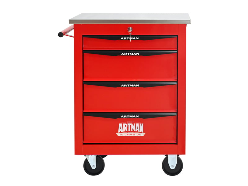  Servante d'atelier 4 tiroirs 62,5 x 34,5 x 78 cm rouge et noir acier, plateau en acier inoxydable  - Conforama D