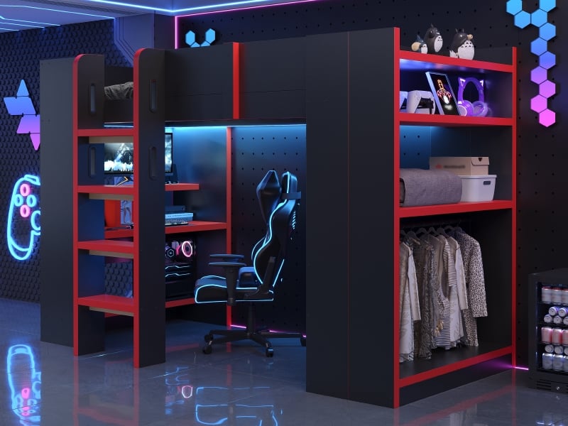Lit mezzanine 90x200cm avec bureau, support pc, étagères, penderie, prise électrique, led, échelle sécurisée, noir et rouge - Conforama B