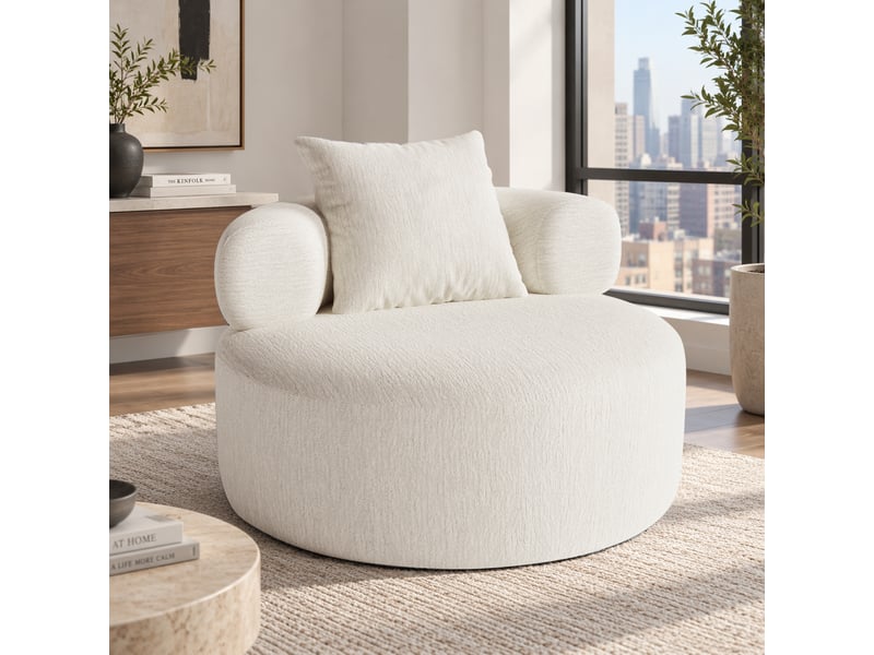 Pouf rond beige 100 cm effet chenille avec coussin pour salon et chambre Fay Lum - Conforama B