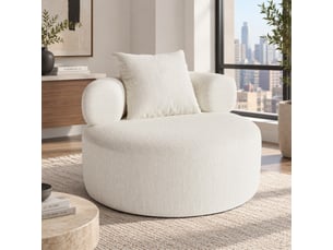 Pouf rond beige 100 cm effet chenille avec coussin pour salon et chambre