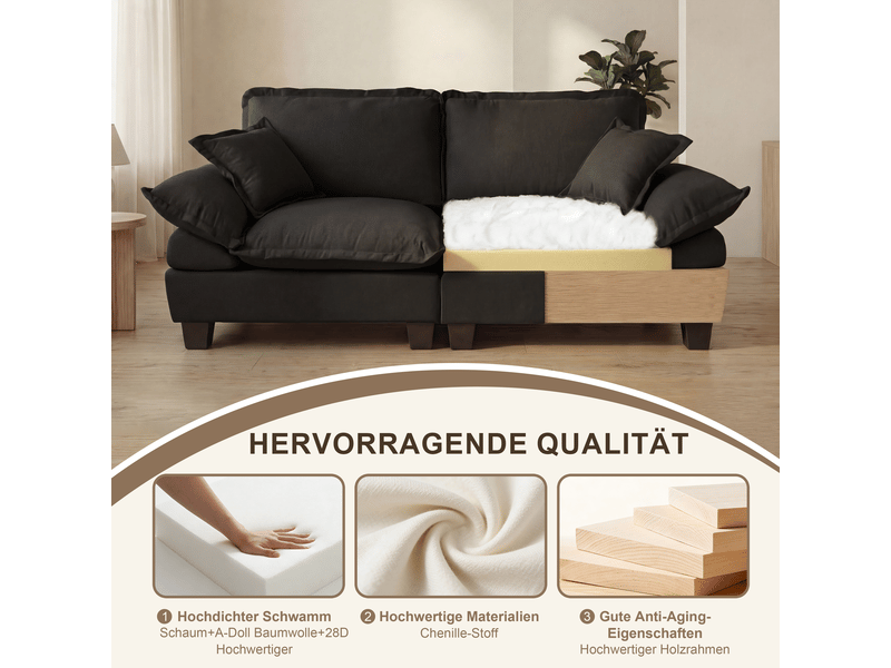  Canapé panoramique modulable, 2 consoles avec rangements, porte-gobelets et usb, 392 × 151 × 90 cm, chenille noire  - Conforama D
