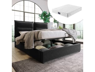 Lit double rembourré 140 x 200 cm avec coffre hydraulique, tête de lit réglable et matelas 25 cm inclus, velours noir