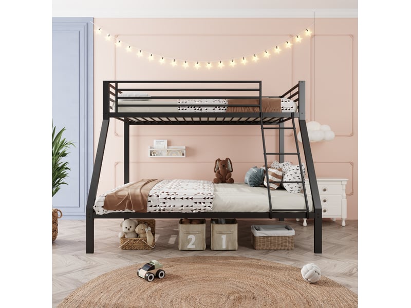 Lit superposé métal noir 90x200 et 140x200 cm avec garde-corps et sommiers à lattes - Conforama E