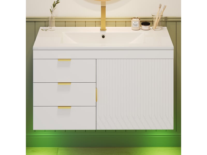 Meuble vasque mural blanc 76 cm avec lavabo, led, appli et soft-close - Conforama B