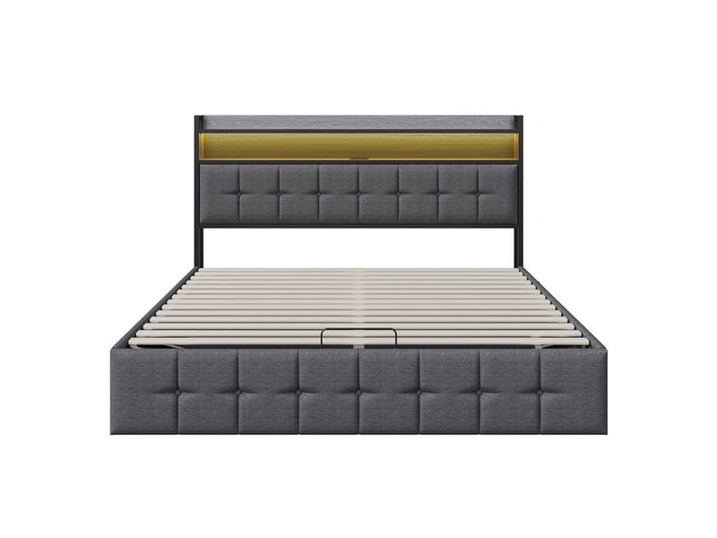  Lit 140x190cm - lit coffre 140x190cm - lit rembourré avec sommier hydraulique led prises et étagère - gris  - Conforama A