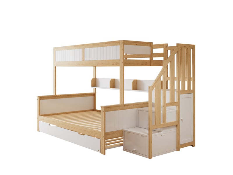 Lit superposé avec lit coulissant et escalier rangement, dimensions 90x190 cm - Conforama W