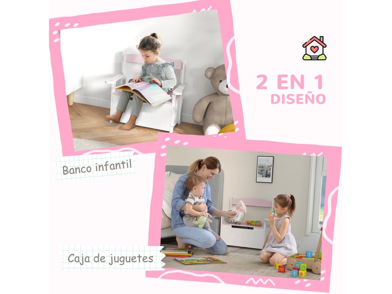  Banc rangement enfant, dossier, couvercle fermeture douce, charge 30kg. Salle de jeux, 68,5 x 34 x 58 cm, roseblanc.  - Conforama E