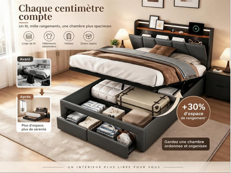  Lit coffre 140x190 cm ezssw, coloris noir  - Conforama E