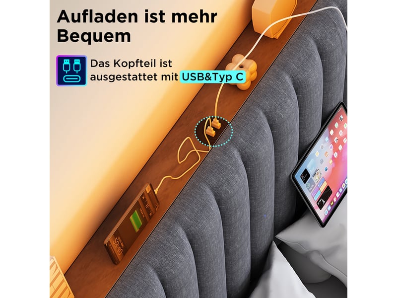  Lit rembourré 90x200 cm - velours rose - chargeur usb-c - cadre à lattes - 1 place  - Conforama D