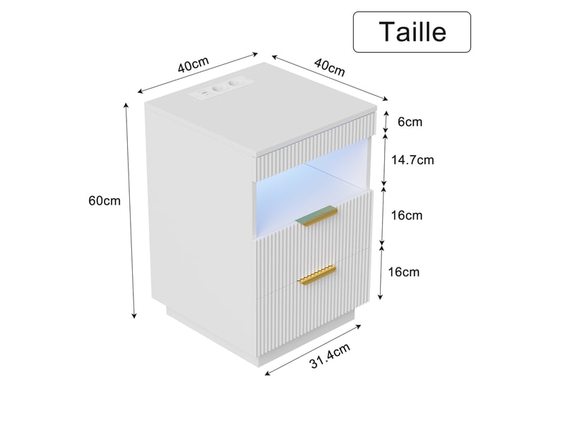  Table de chevet style luxe blanc à texture cannelée 60×40×40 cm, 2 tiroirs avec tiroir caché, éclairage led rgb, station de charge prises secteur, usb‑a et usb‑c, compartiment de rangement ouvert  - Conforama E