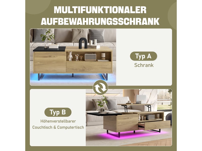  Table basse relevable avec rangement et led intégrée, plateau surélevable avec tiroirs et compartiments, table de salon gain de place - naturel  - Conforama D