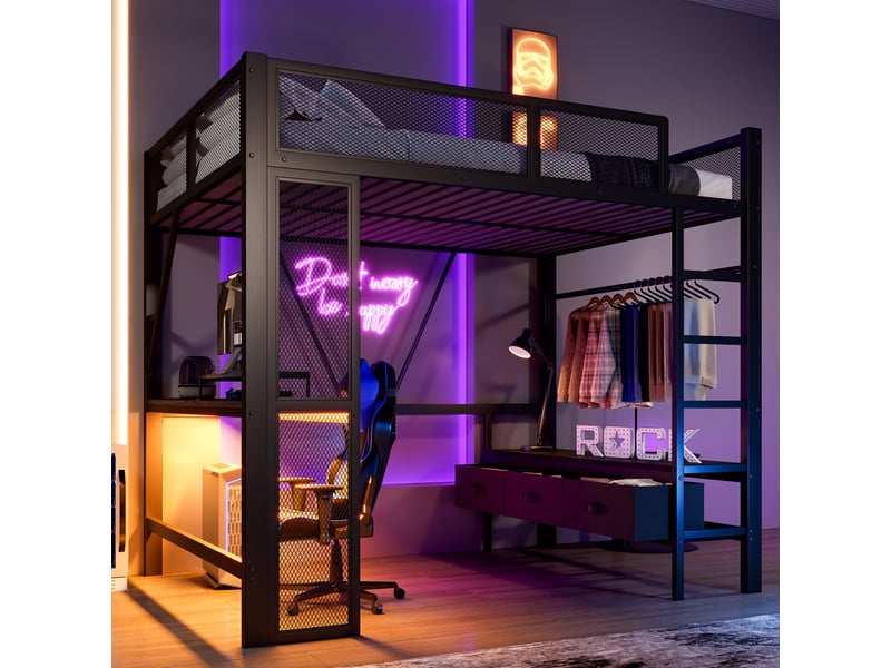  Lit mezzanine 140x200 cm coloris noir led métal lit enfant noir - Conforama D