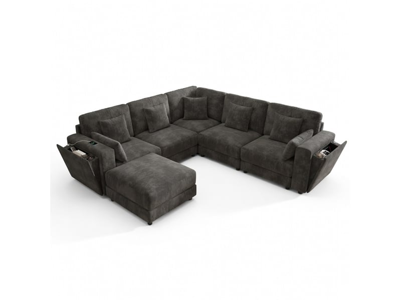  Canapé d'angle modulable 6 places en tissu chenille gris avec ports usb et type c porte-gobelets et rangement 7 coussins inclus  - Conforama A