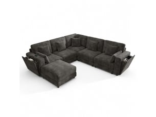 Canapé d'angle modulable 6 places en tissu chenille gris avec ports usb et type c porte-gobelets et rangement 7 coussins inclus