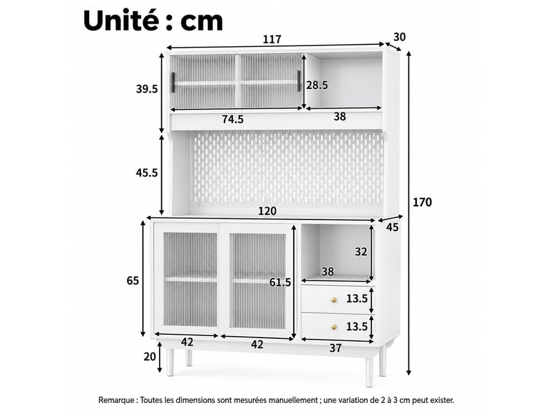 Buffet de cuisine meuble 120x50x170cm, avec portes coulissantes en verre et 2 tiroirs,rangement généreux buffet salon,blanc - Conforama C