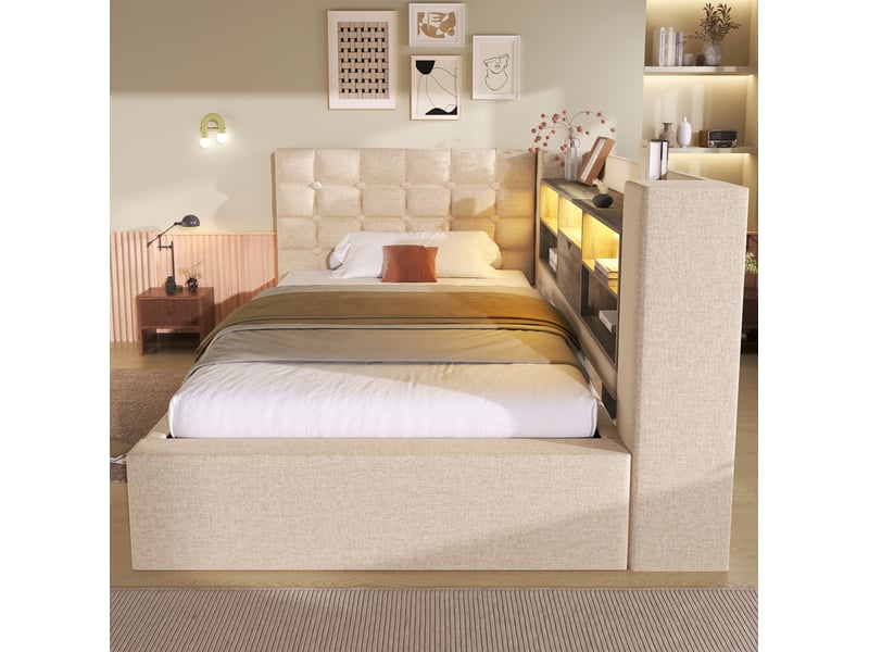  Lit coffre 90x200 cm, led multicolore, port usb-c, tête de lit réversible, tissu lin beige, métal et bois, sans matelas  - Conforama B