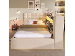 Lit coffre 90x200 cm <strong>OKWISH</strong>  <strong></strong> coloris beige