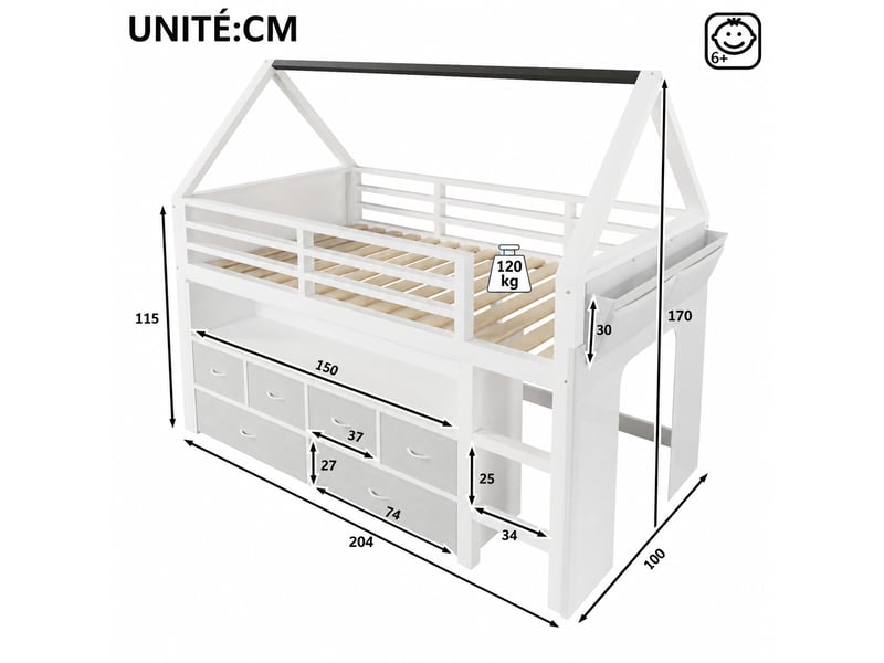  Lit mezzanine enfant 90x200 cm avec 6 tiroirs en tissu, cabane blanche en pin et mdf, guirlande led multicolore  - Conforama C