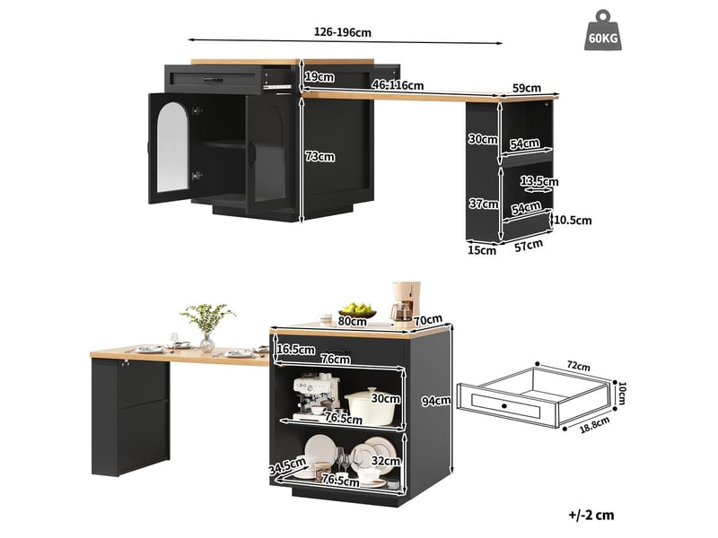  Îlot de cuisine extensible moderne avec éclairage led, 2 tiroirs, étagères réglables, portes en verre strié, plan de travail en mdf  - Conforama D