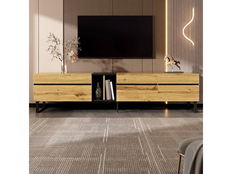  Meuble tv bois 180 cm avec rangements et portes rabattables, design minimaliste  - Conforama D