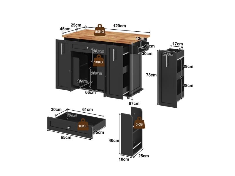  Îlot de cuisine mobile 120x70x87 cm avec plateau rabattable en mdf, noir et naturel  - Conforama E