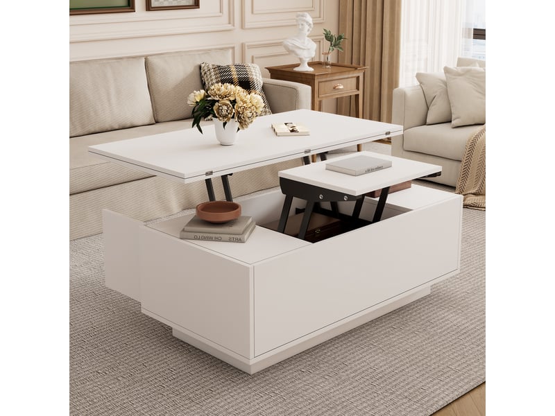  Table basse relevable blanche avec rangement caché, double plateau, 100x50 cm, charge 50 kg  - Conforama B