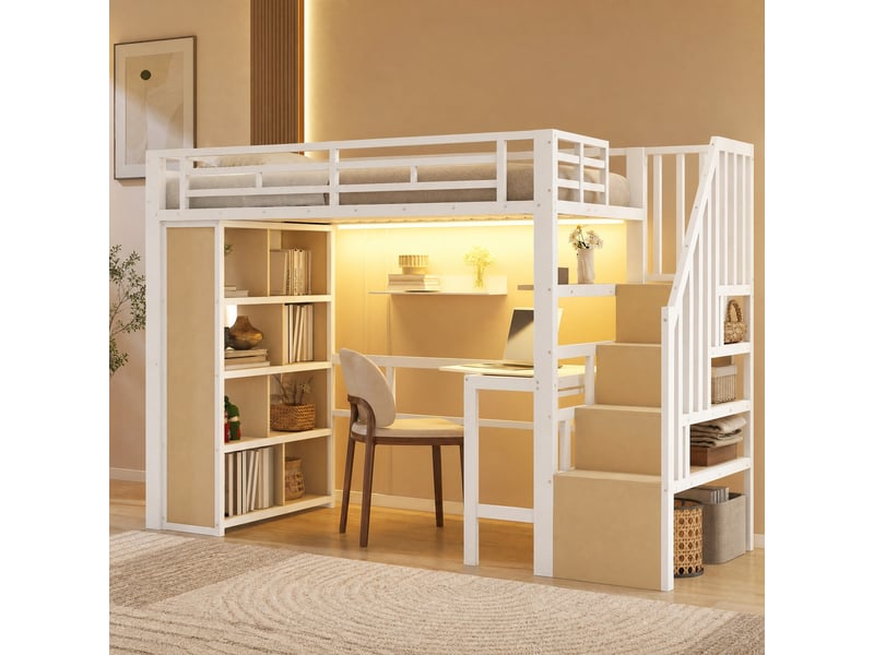  Lit mezzanine 1 place avec bureau, marches de rangement, étagères et led, 90x200 cm, sans matelas, blanc  - Conforama C