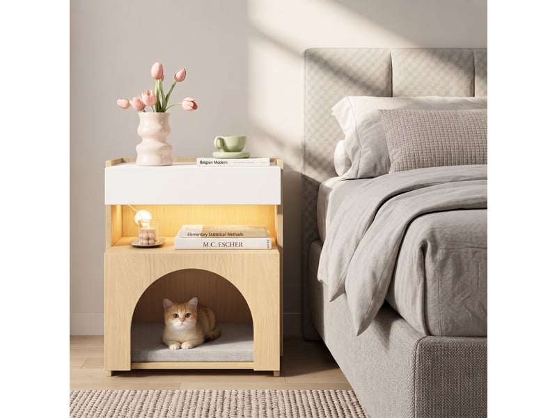  Table de chevet 47x39x58 cm avec niche pour pet et éclairage led en panneaux de particules coloris naturel  - Conforama C