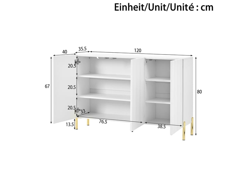 Meuble à chaussures et buffet 120 x 35,5 x 80 cm en mdf et panneaux de particules, 3 portes, blanc chicfurn - Conforama D