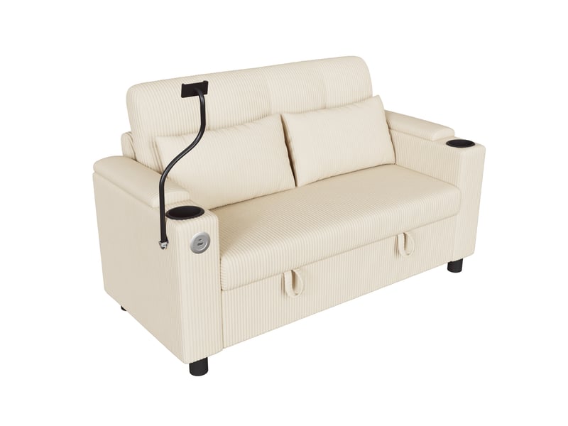  Canapé 2 places avec coffre de rangement, porte-gobelets, rangements accoudoirs, usbusb-c, support téléphone, velours côtelé - beige  - Conforama A