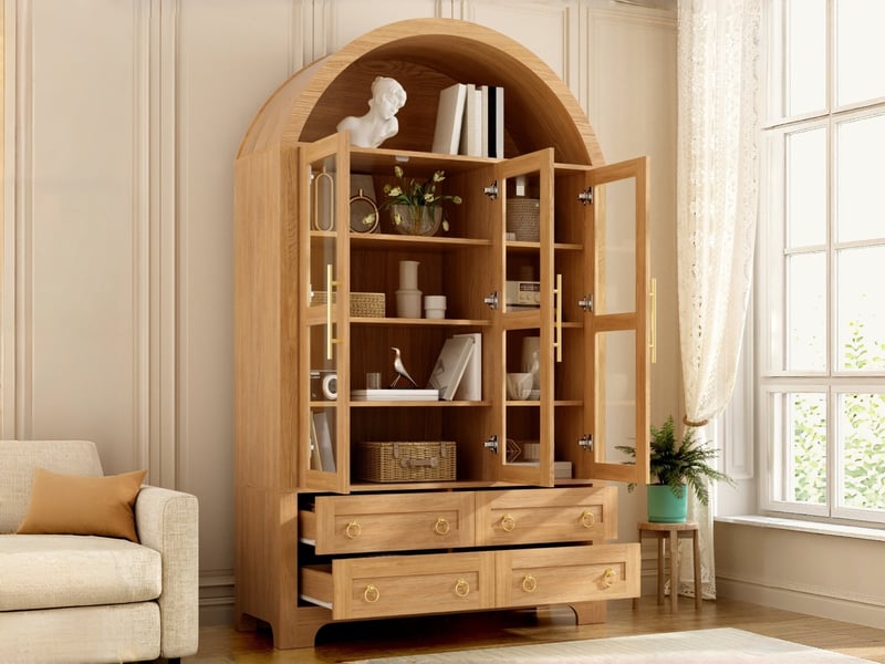  Vitrine style vintage à arche, 110 x 40 x 185 cm, finition imitation chêne clair, 3 portes vitrées et 4 tiroirs de rangement  - Conforama D