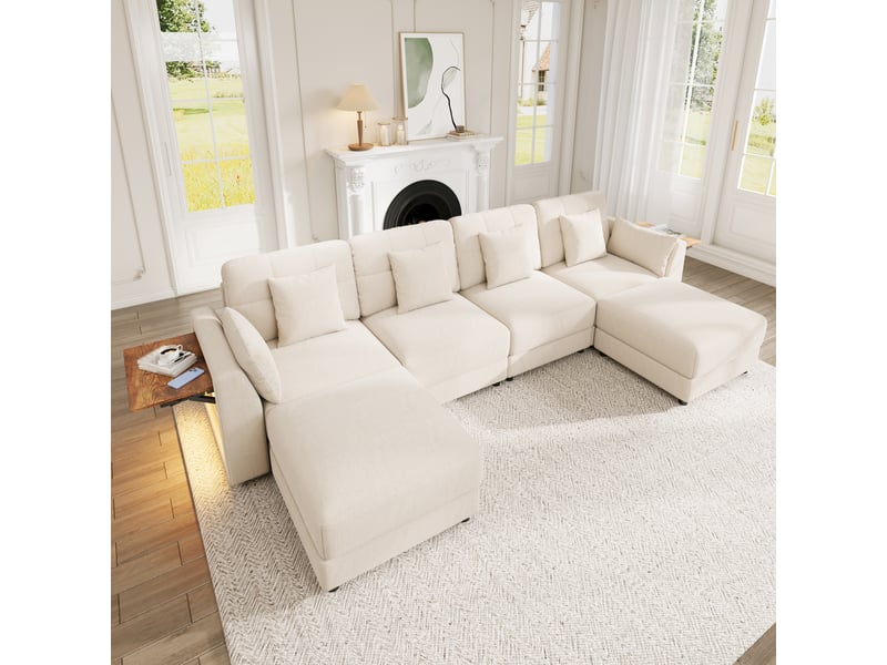 Canapé d'angle panoramique fixe 6 places tissu led beige - Conforama B