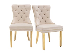 Lot de 2 chaises de salle à manger en velours avec heurtoir à l'arrière,garniture en tête de clou et pieds en acier inoxydable plaqué or,beige