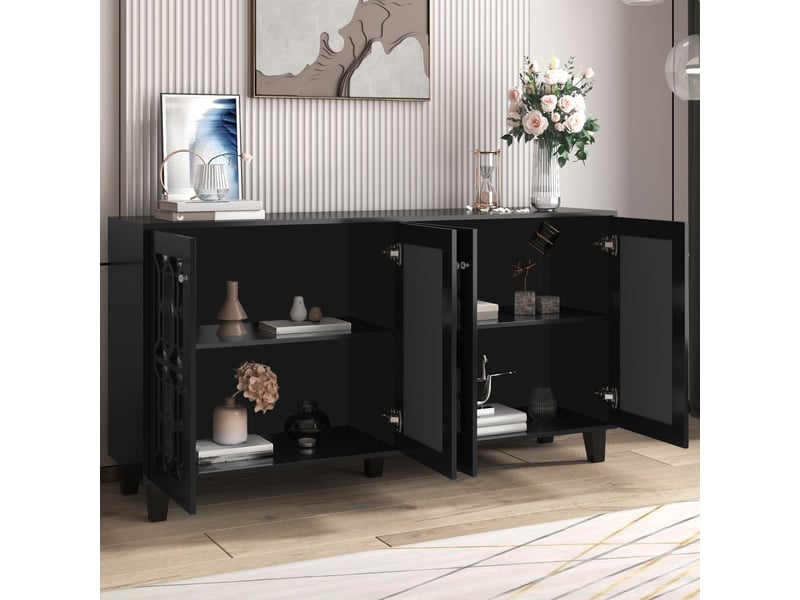  Buffet noir, 4 portes, rangement, portes vitrées, structure robuste, finition haut de gamme - mdf - 160x40x84cm  - Conforama D